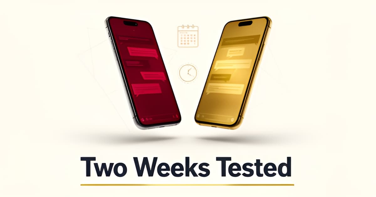 Flat illustration of two chat app screens in red and gold facing off, with the headline 'Two Weeks Tested' for an AI companion comparison.