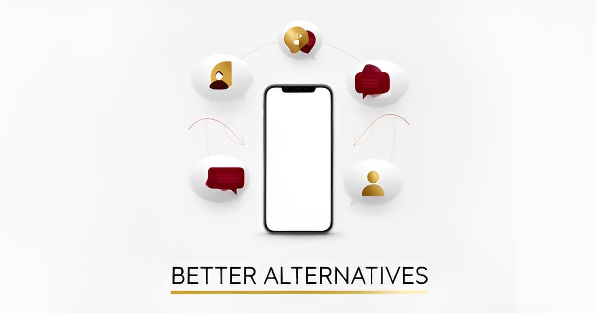 Flat illustration of a phone ringed by six chat-bubble avatars with red and gold accents, headline reading Better Alternatives.
